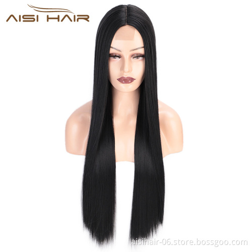 Aisi Hair 26 inch Natural Black Wig Long Silky Straight Lace Frontal Wig Middle Part Synthetic Front Lace Hair Wigs For Women